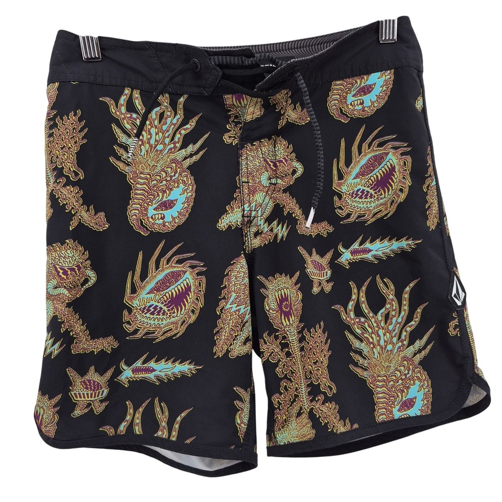 Volcom Mod-Tech Mens‎ Board Shorts Size 26 Black Marine Monsters Swim Trunks
